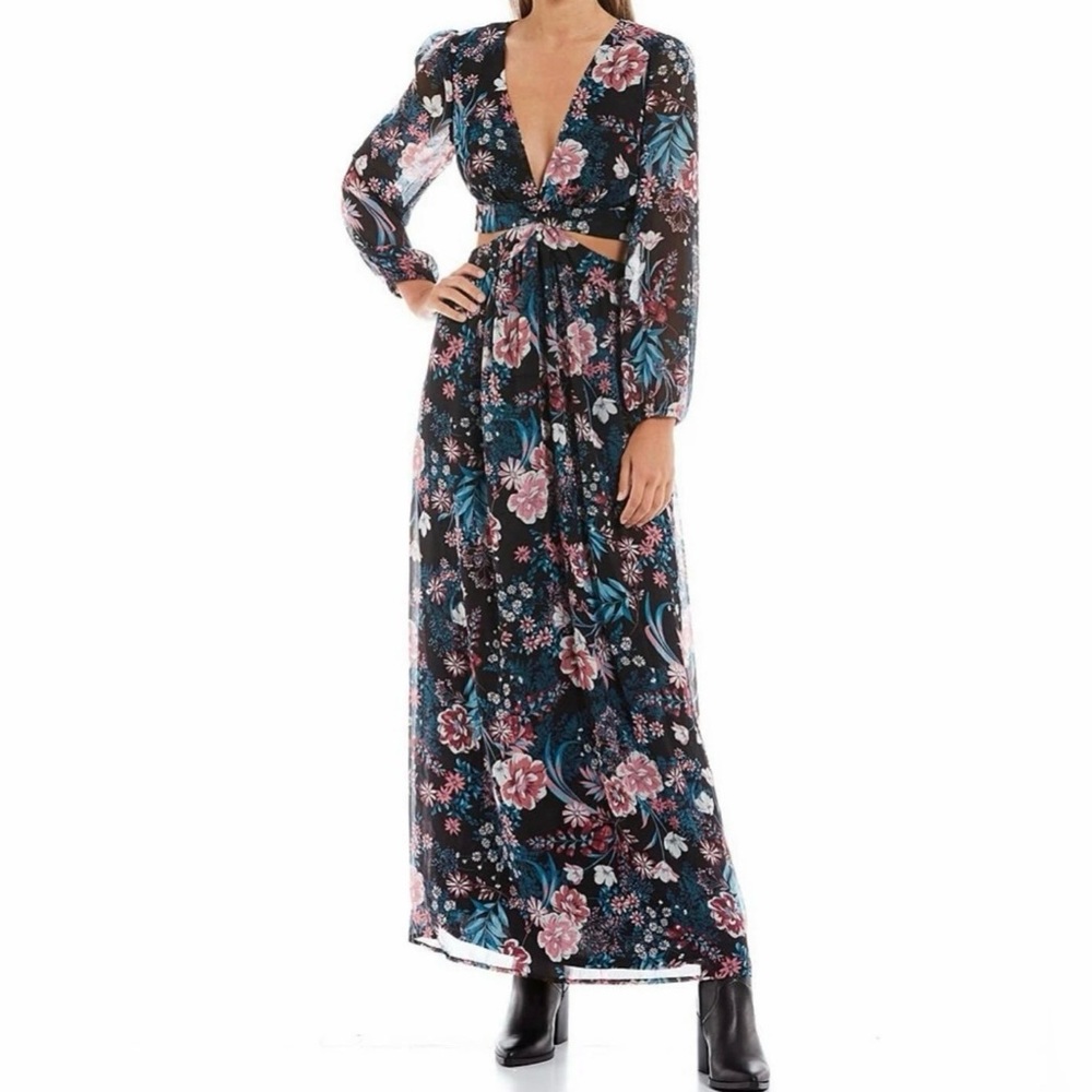 Love & Piece Long Sleeve Floral Print Side Cutout Multicolor Maxi Dress